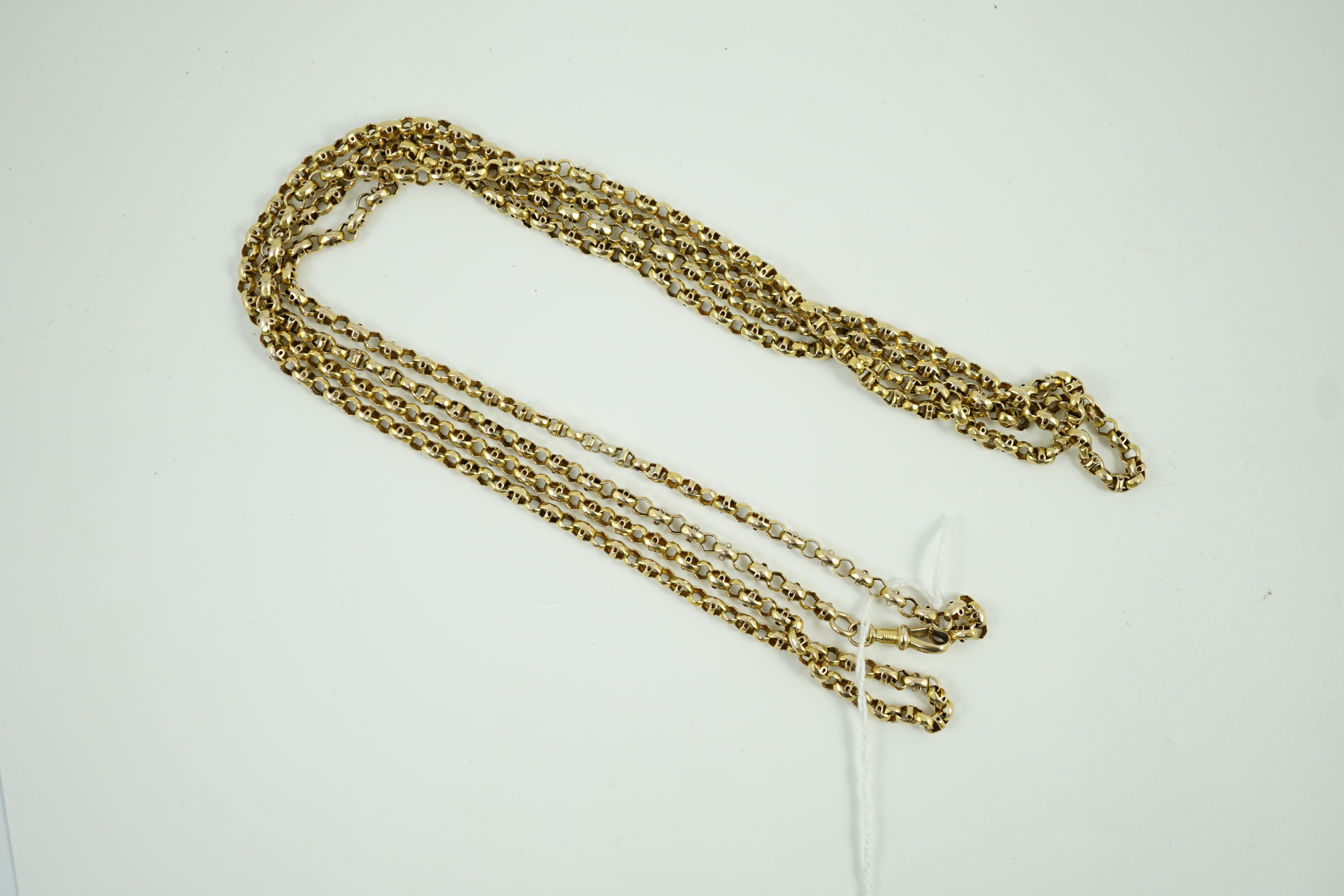 A Victorian yellow metal guard chain, 154cm, 38.5 grams.